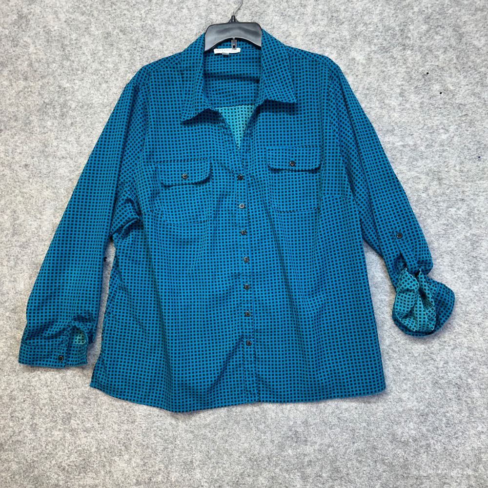 Notations Button Up Shirt Women 3X Teal Black Grid Roll Tab Excellent